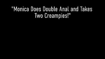 video hot babe monica takes a double creampie after getting dicked in 3some porn